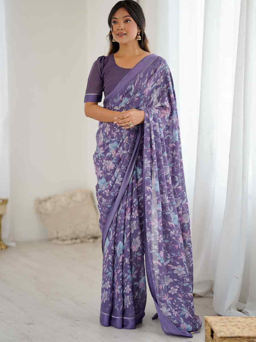 Lavender Moss Satin Patta Silk Printed Casual Reception Festival Wedding Fancy Classic Style Sarees