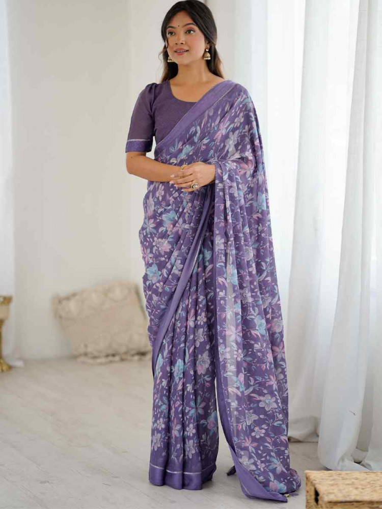 Image of Lavender Moss Satin Patta Silk Printed Casual Reception Festival Wedding Fancy Classic Style Sarees
