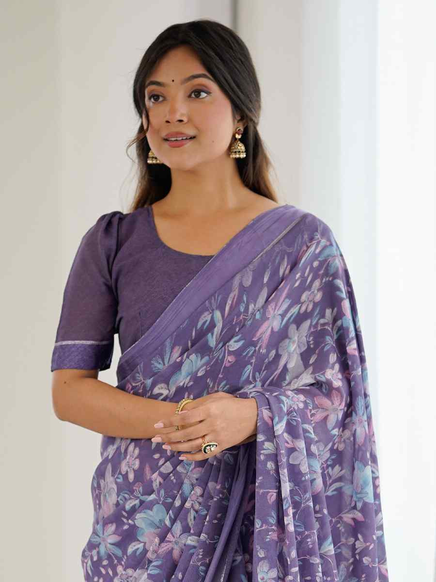 Lavender Moss Satin Patta Silk Printed Casual Reception Festival Wedding Fancy Classic Style Sarees
