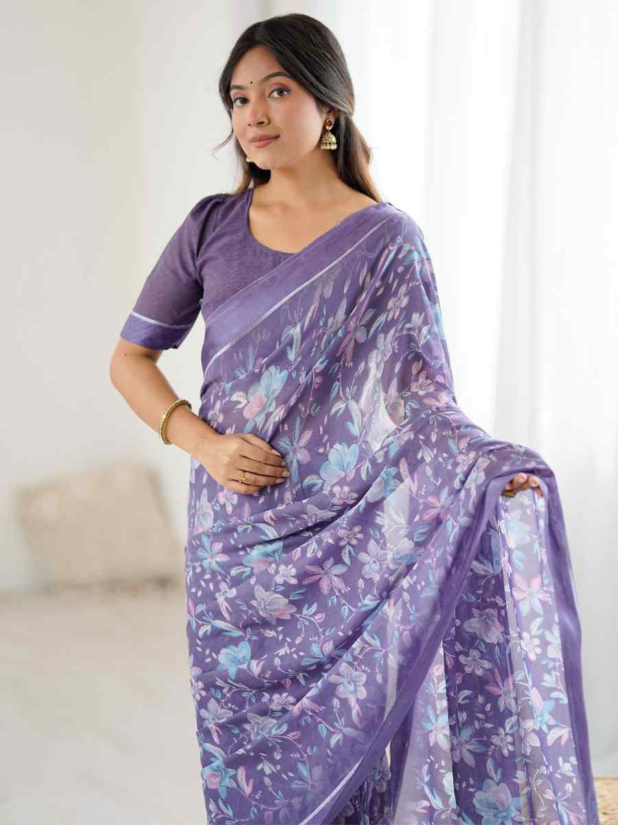 Lavender Moss Satin Patta Silk Printed Casual Reception Festival Wedding Fancy Classic Style Sarees