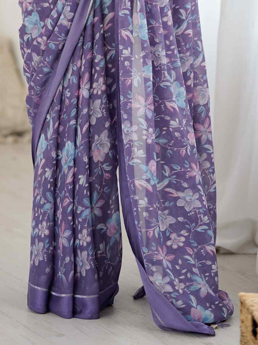 Lavender Moss Satin Patta Silk Printed Casual Reception Festival Wedding Fancy Classic Style Sarees