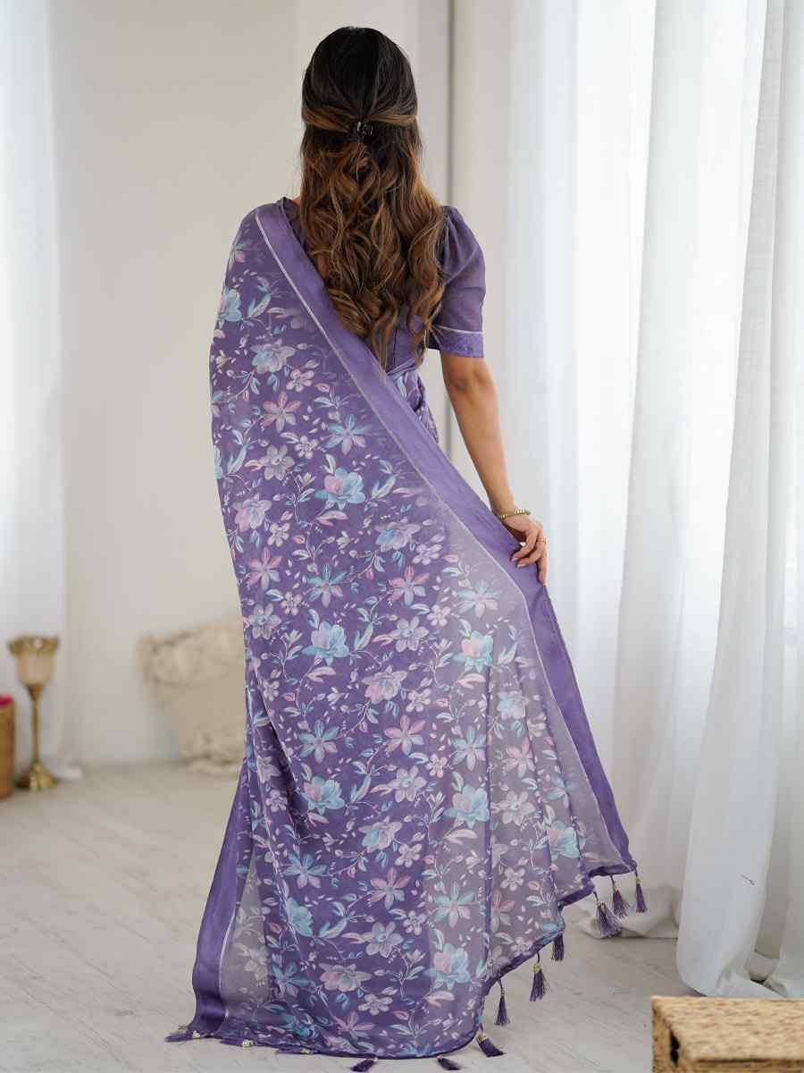 Lavender Moss Satin Patta Silk Printed Casual Reception Festival Wedding Fancy Classic Style Sarees