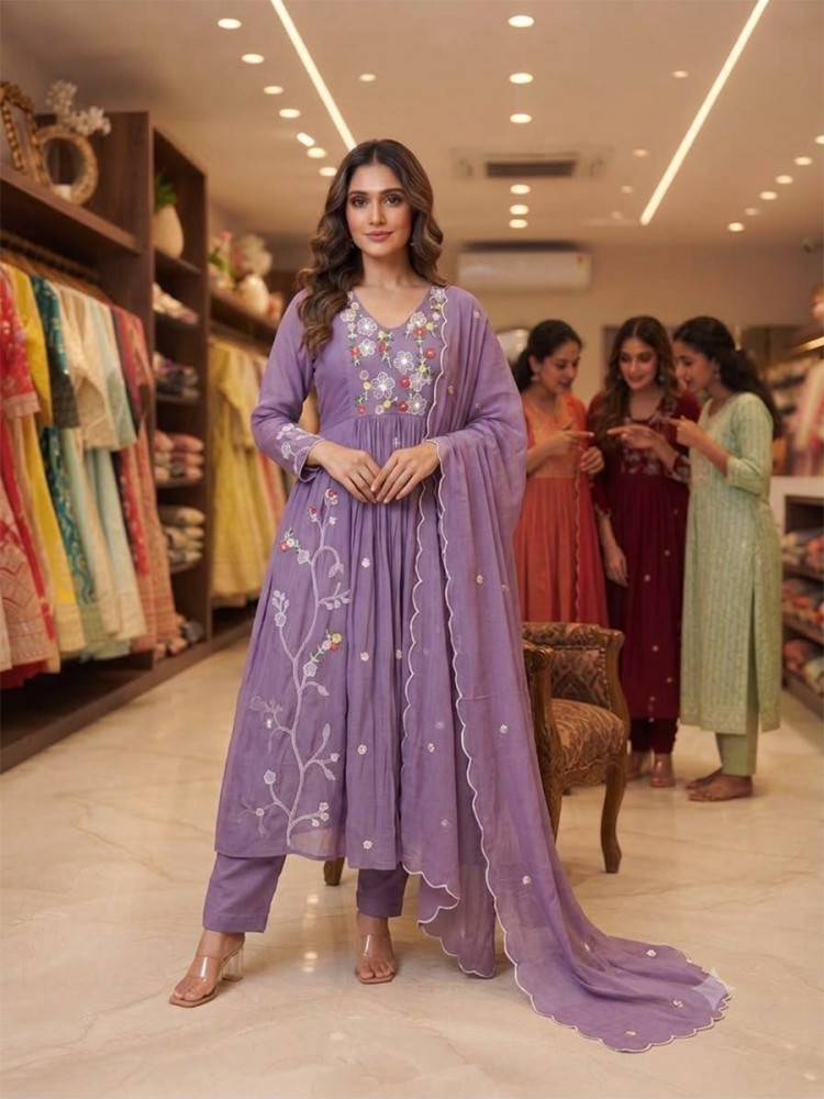 Image of Lavender Mul Chanderi Silk Embroidery Sequins Wedding Party Festival Casual Ready Anarkali Pant Salwar Kameez