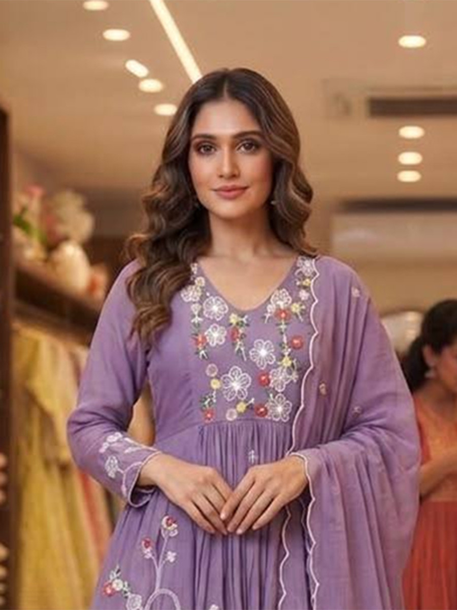 Lavender Mul Chanderi Silk Embroidery Sequins Wedding Party Festival Casual Ready Anarkali Pant Salwar Kameez