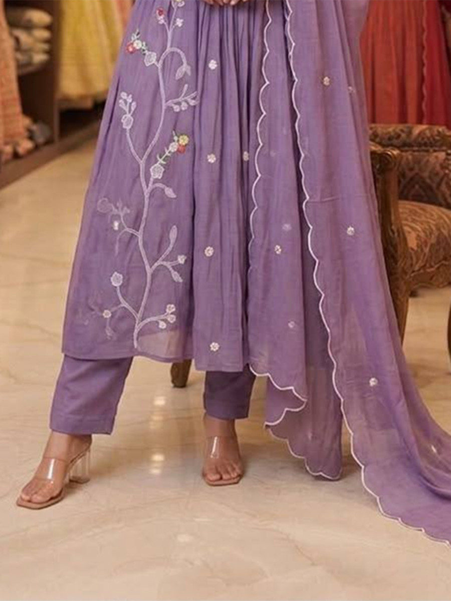 Lavender Mul Chanderi Silk Embroidery Sequins Wedding Party Festival Casual Ready Anarkali Pant Salwar Kameez