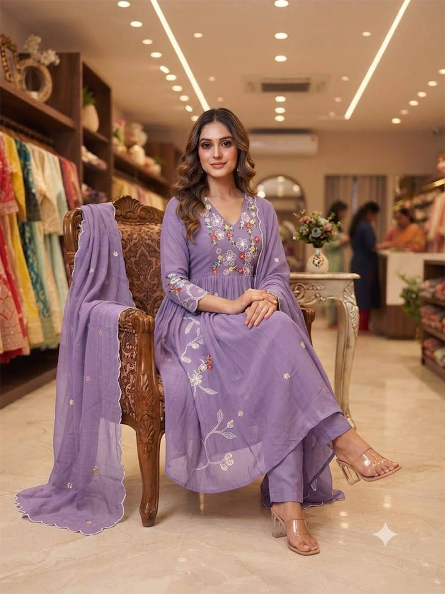 Lavender Mul Chanderi Silk Embroidery Sequins Wedding Party Festival Casual Ready Anarkali Pant Salwar Kameez