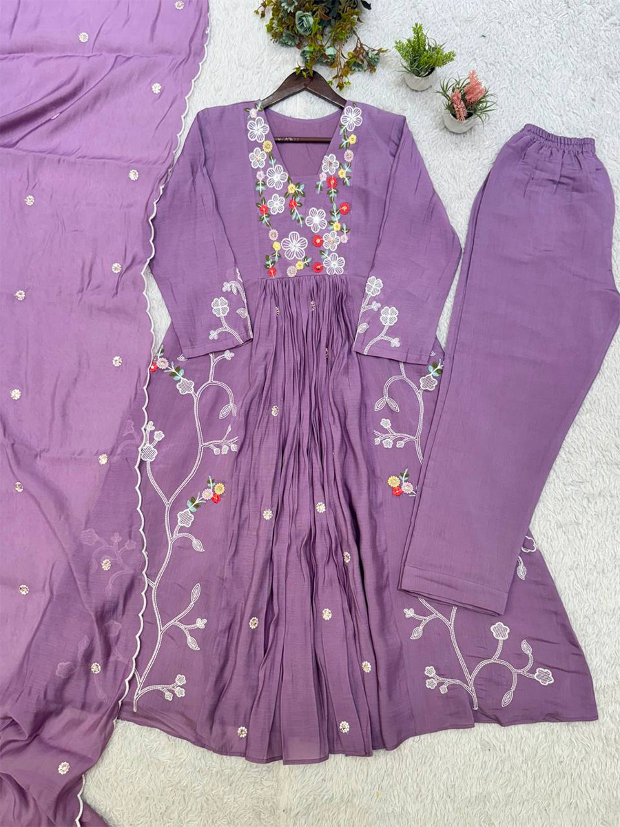 Lavender Mul Chanderi Silk Embroidery Sequins Wedding Party Festival Casual Ready Anarkali Pant Salwar Kameez