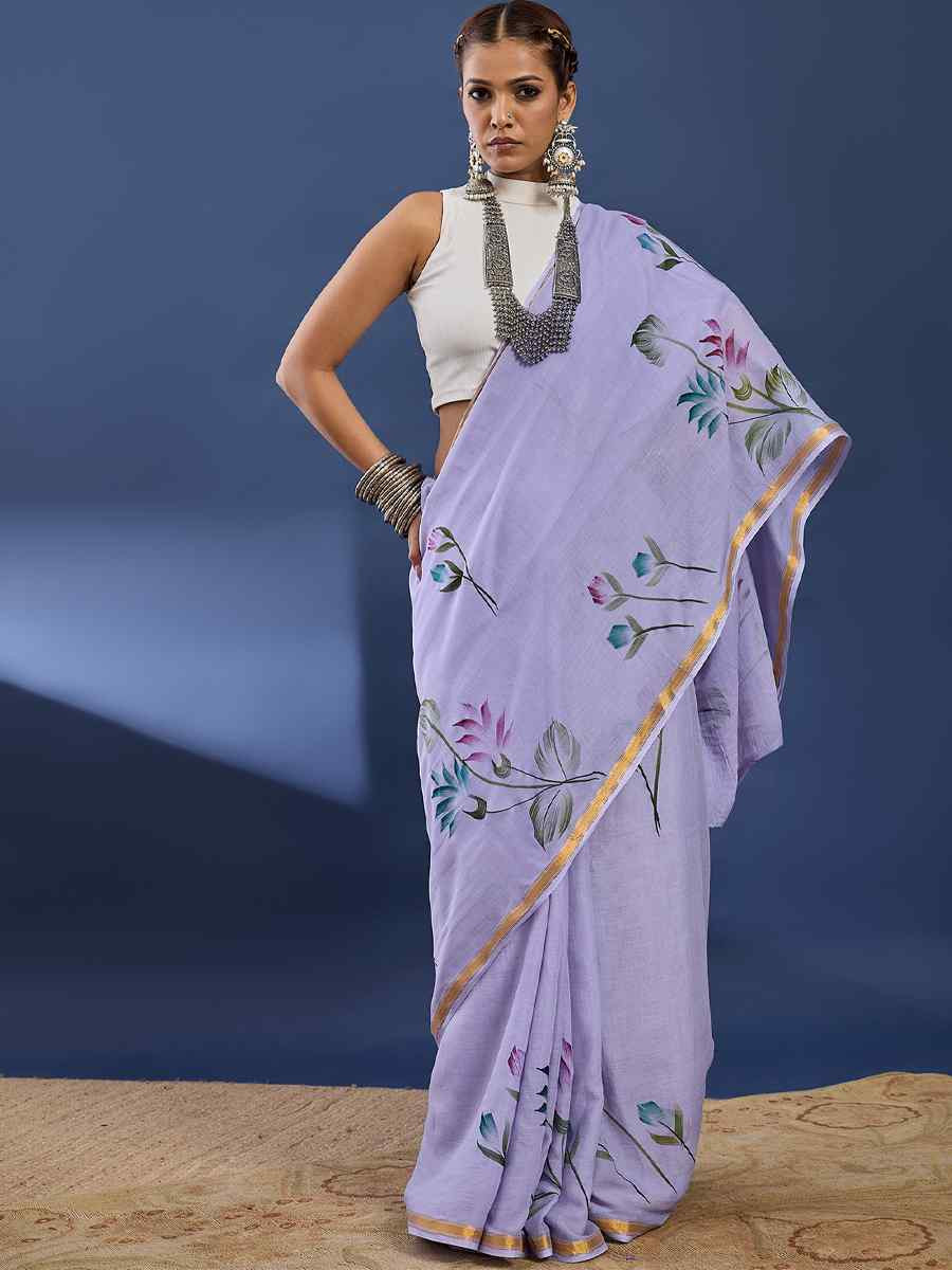 Lavender Mulmul Cotton Printed Traditional Casual Reception Festival Fastive Fancy Classic Style Sarees