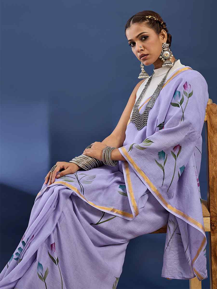 Lavender Mulmul Cotton Printed Traditional Casual Reception Festival Fastive Fancy Classic Style Sarees