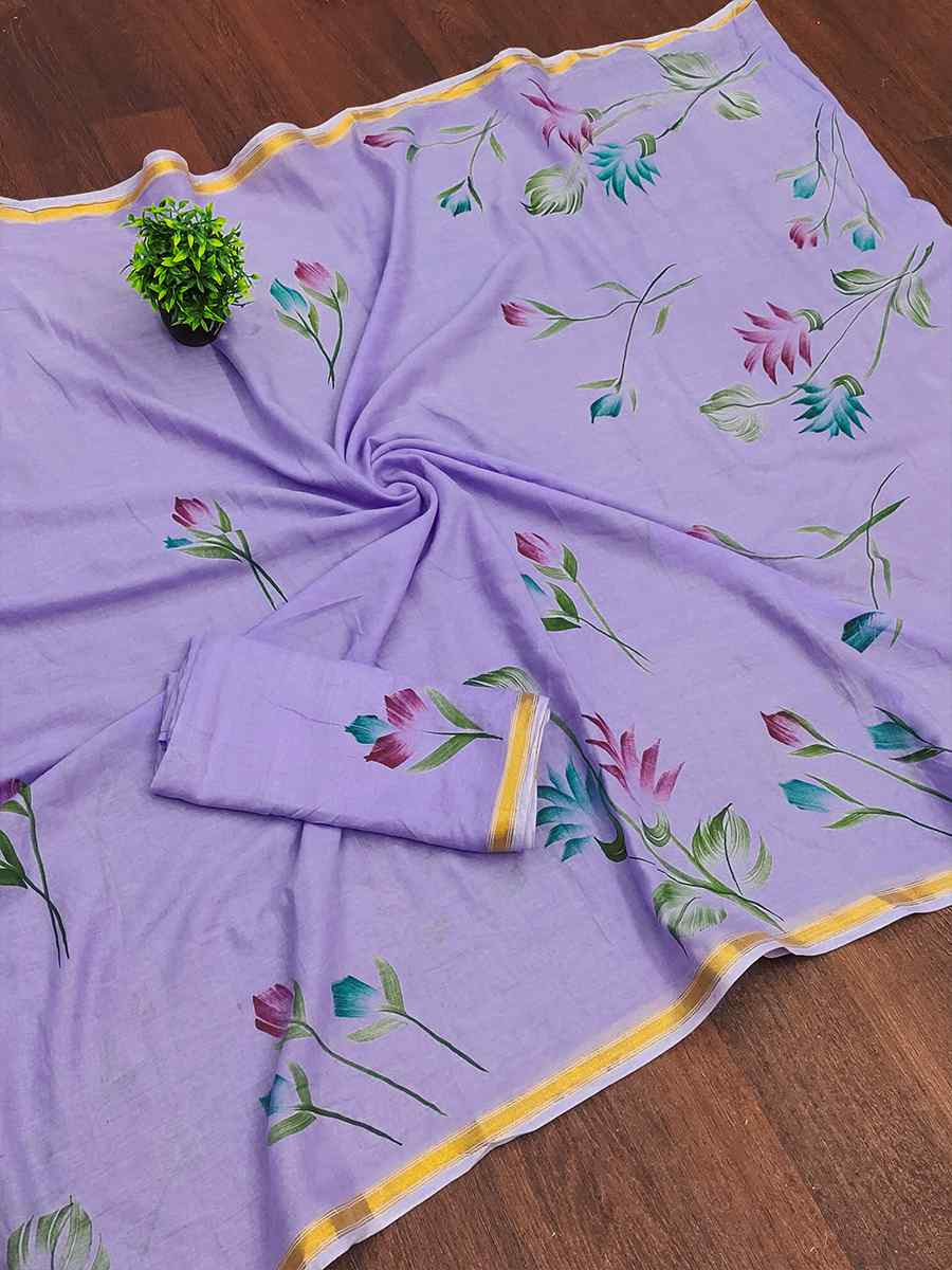 Lavender Mulmul Cotton Printed Traditional Casual Reception Festival Fastive Fancy Classic Style Sarees