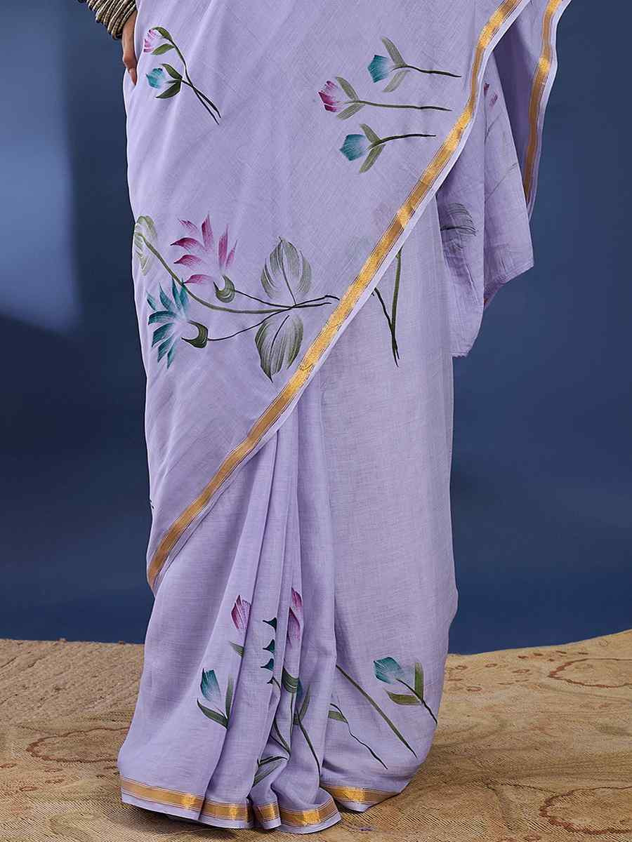 Lavender Mulmul Cotton Printed Traditional Casual Reception Festival Fastive Fancy Classic Style Sarees