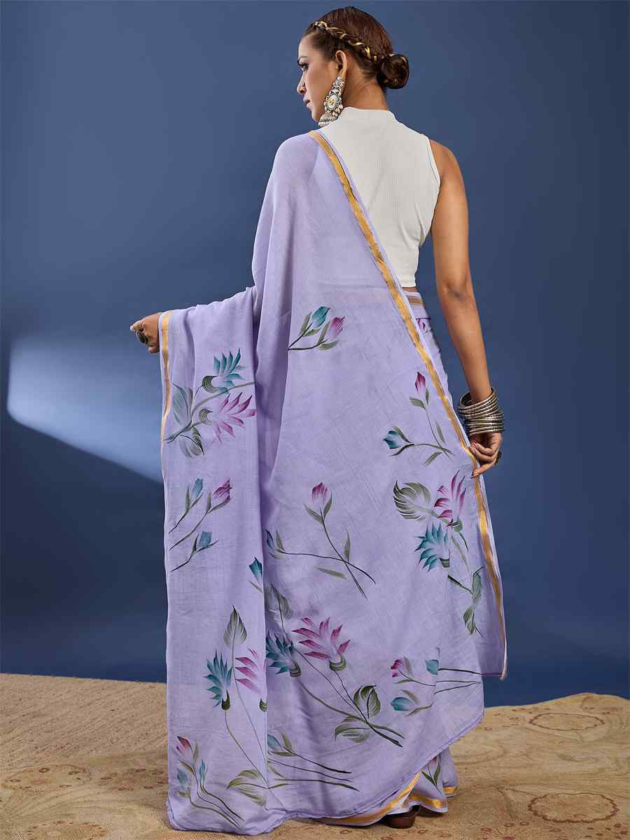 Lavender Mulmul Cotton Printed Traditional Casual Reception Festival Fastive Fancy Classic Style Sarees