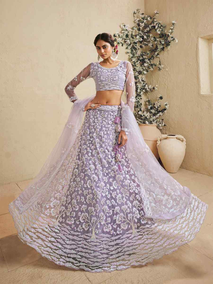 Lavender Net Embroidered Bridal Festival Reception Wedding Traditional Heavy Border Lehenga Choli