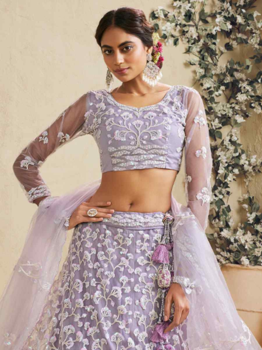 Lavender Net Embroidered Bridal Festival Reception Wedding Traditional Heavy Border Lehenga Choli