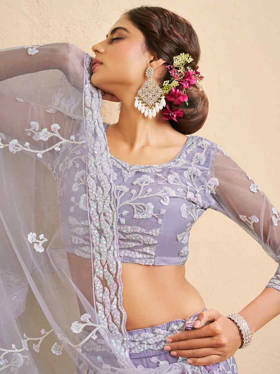 Lavender Net Embroidered Bridal Festival Reception Wedding Traditional Heavy Border Lehenga Choli