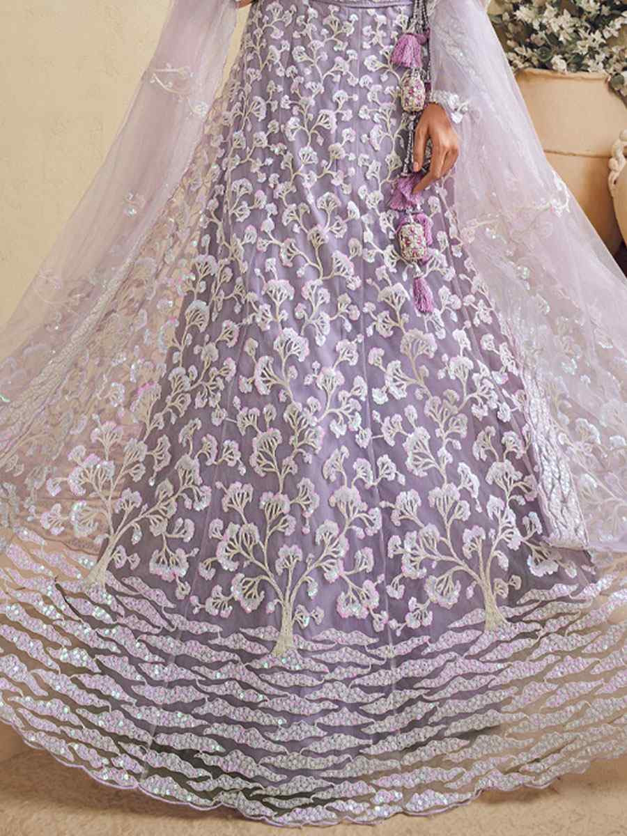 Lavender Net Embroidered Bridal Festival Reception Wedding Traditional Heavy Border Lehenga Choli