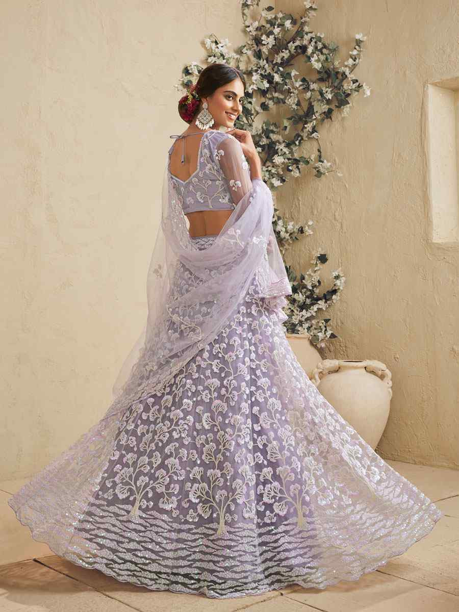 Lavender Net Embroidered Bridal Festival Reception Wedding Traditional Heavy Border Lehenga Choli