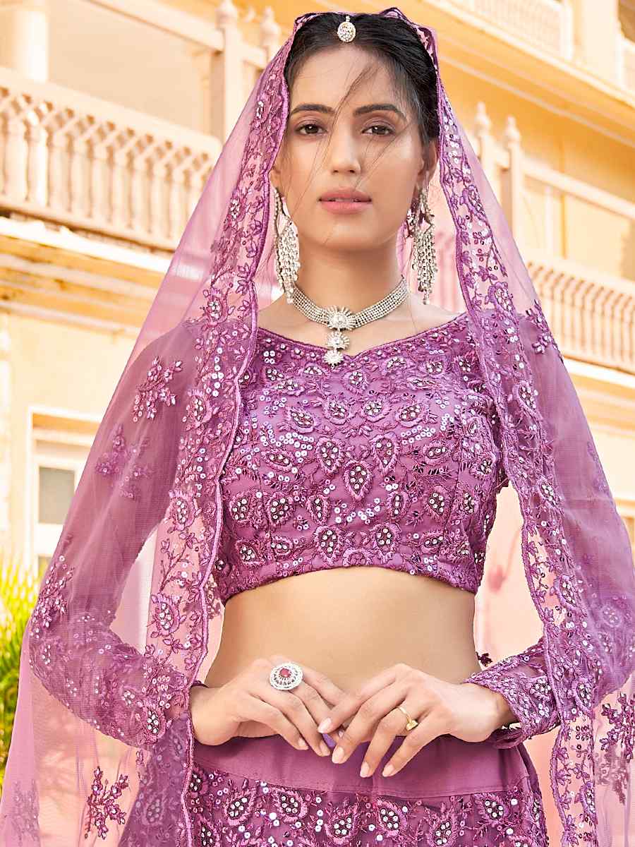 Lavender Net Embroidered Festival Party Wear Circular Lehenga Choli