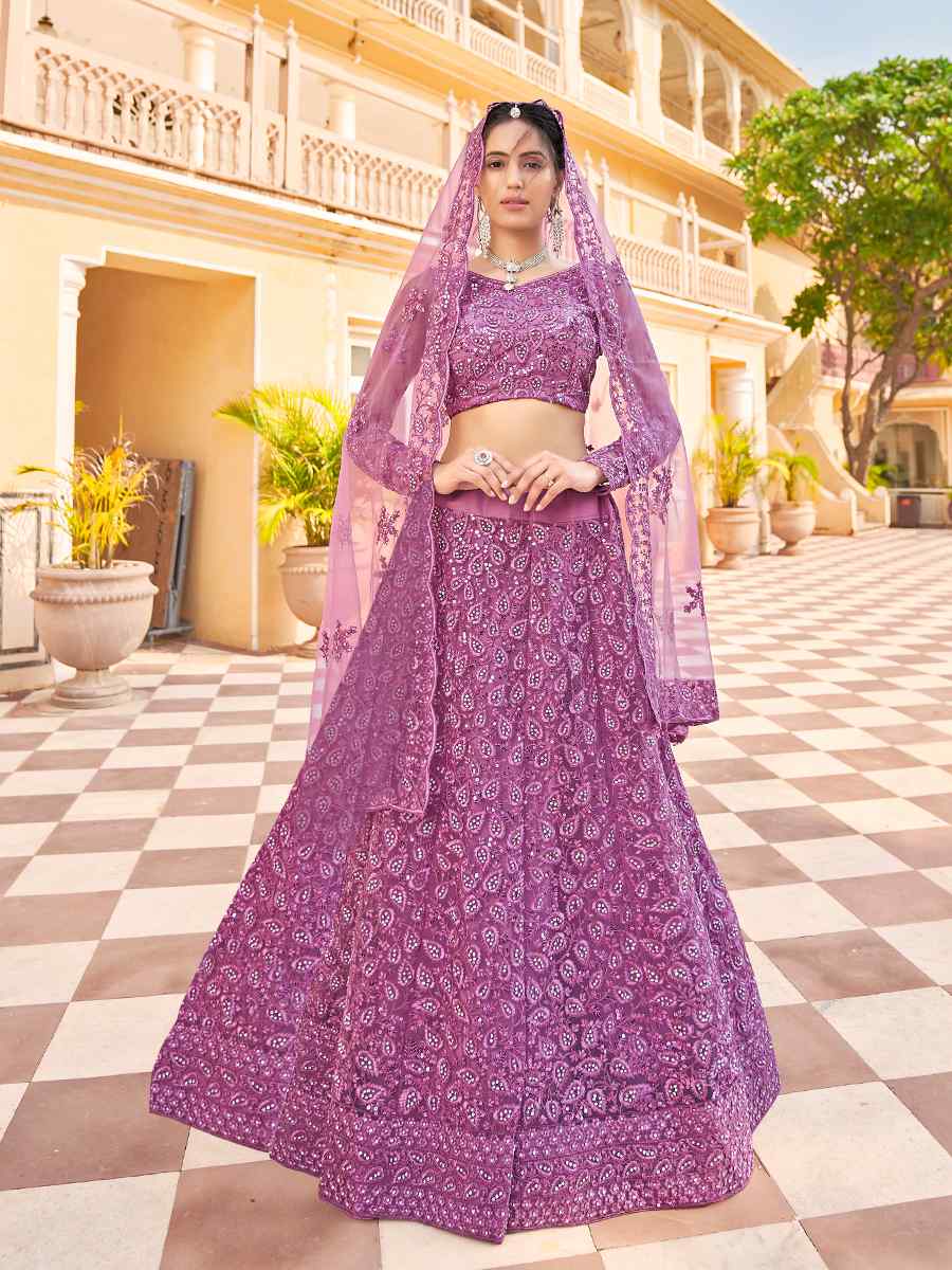 Lavender Net Embroidered Festival Party Wear Circular Lehenga Choli