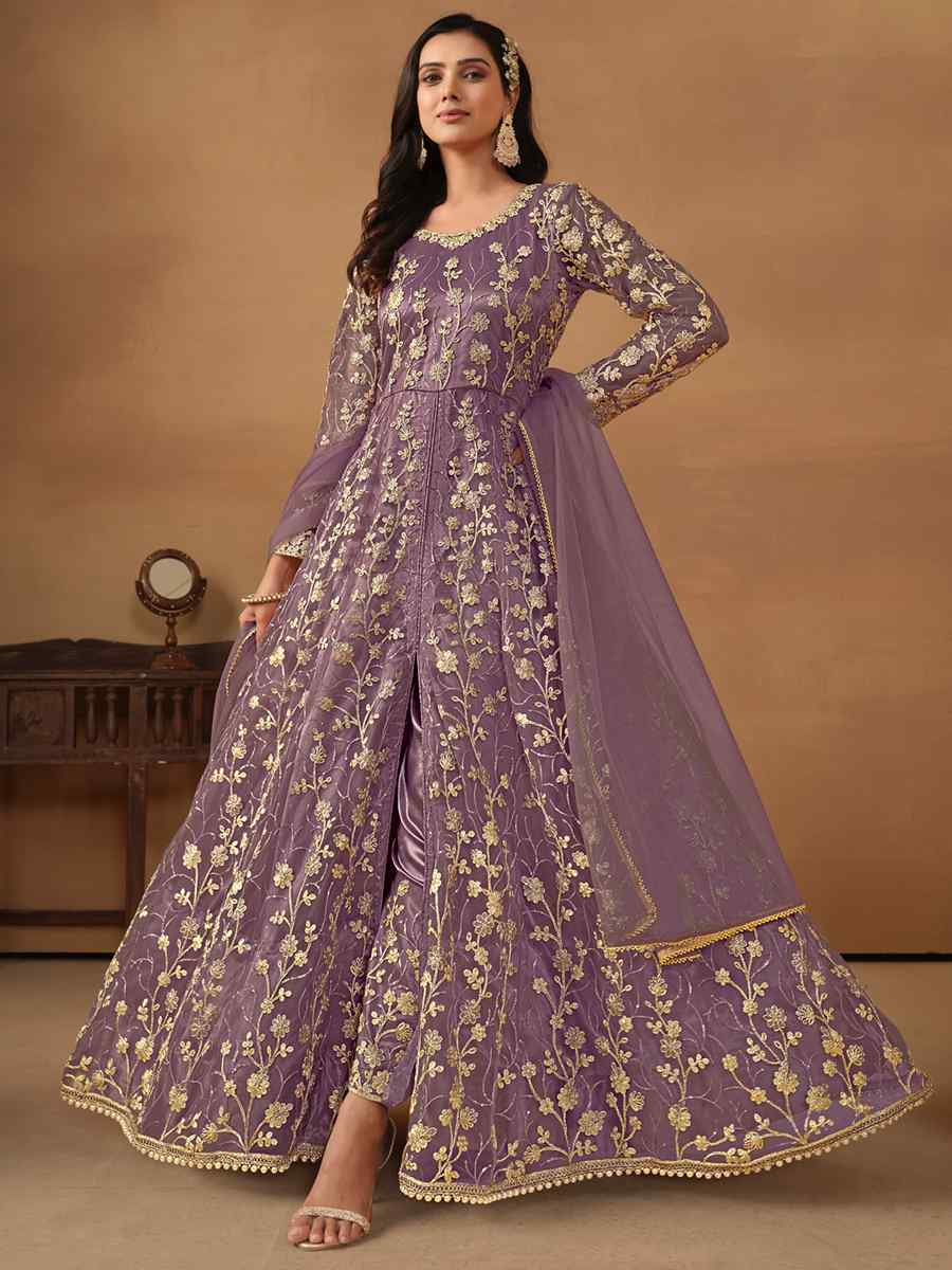 Lavender Net Embroidered Festival Wedding Anarkali Salwar Kameez
