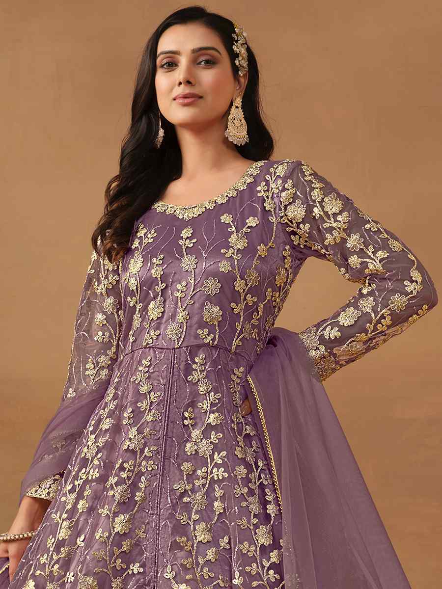Lavender Net Embroidered Festival Wedding Anarkali Salwar Kameez