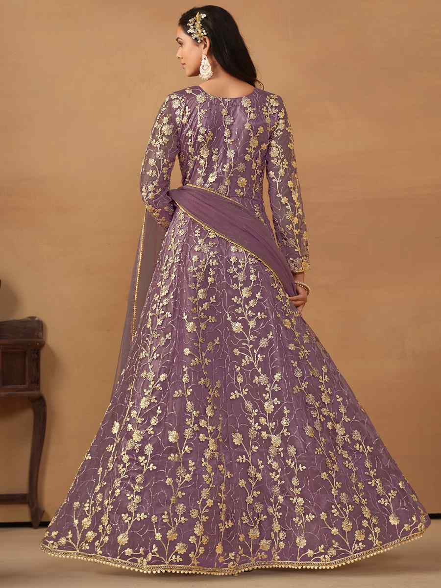 Lavender Net Embroidered Festival Wedding Anarkali Salwar Kameez