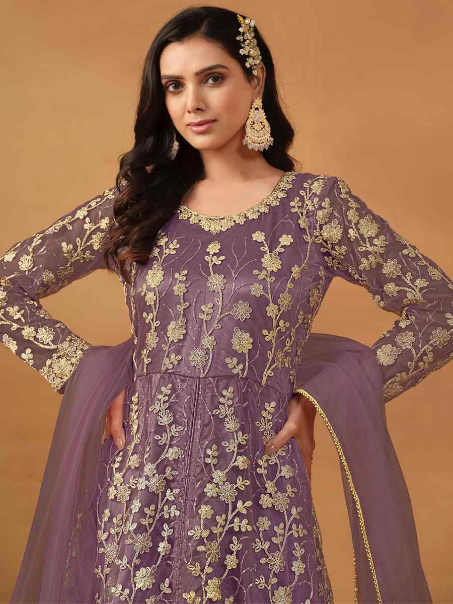 Lavender Net Embroidered Festival Wedding Anarkali Salwar Kameez