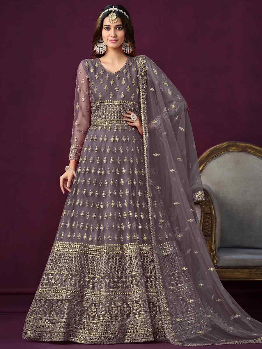 Lavender Net Embroidered Festival Wedding Anarkali Salwar Kameez