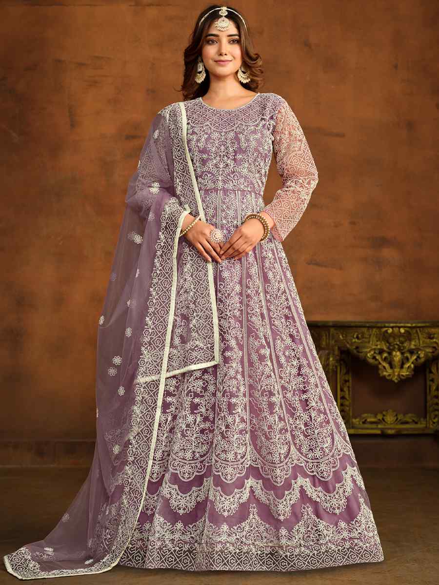 Lavender Net Embroidered Festival Wedding Anarkali Salwar Kameez
