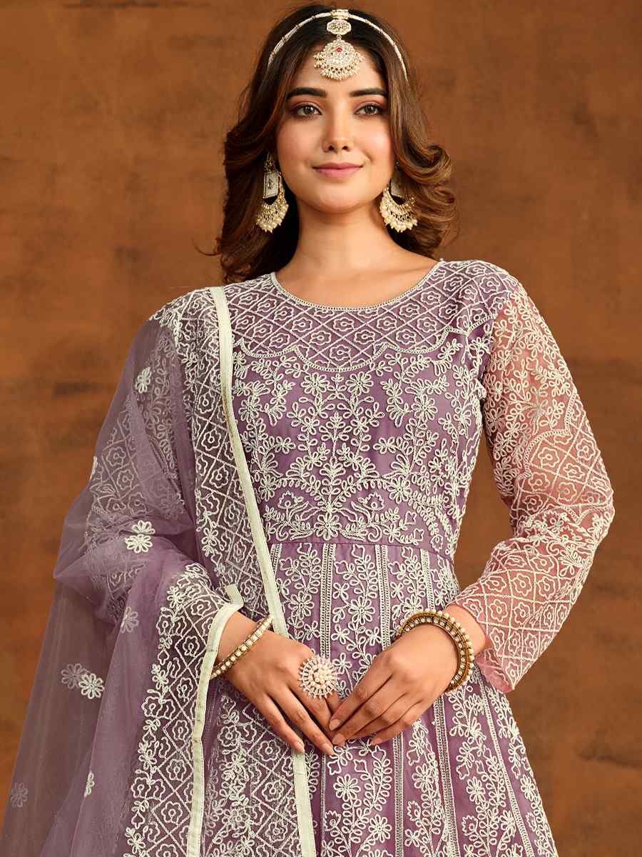 Lavender Net Embroidered Festival Wedding Anarkali Salwar Kameez