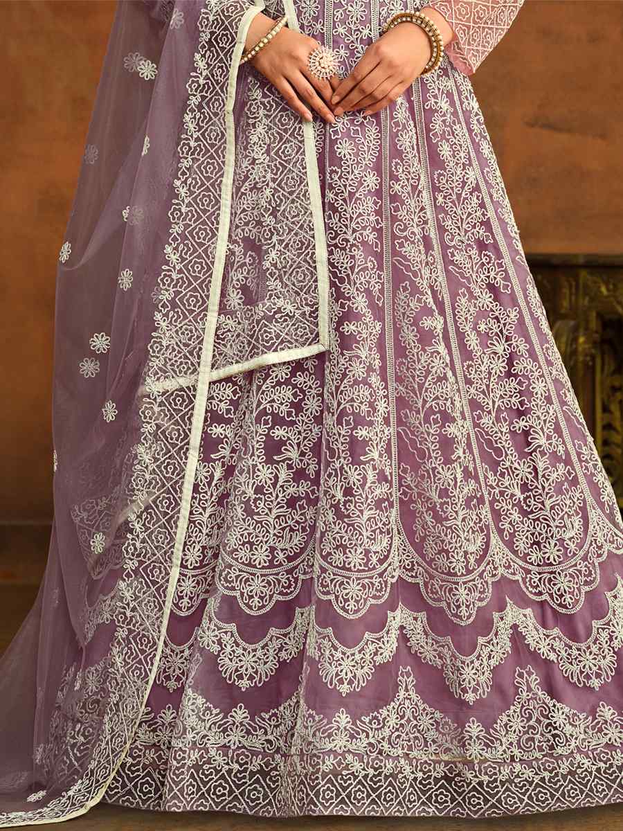 Lavender Net Embroidered Festival Wedding Anarkali Salwar Kameez