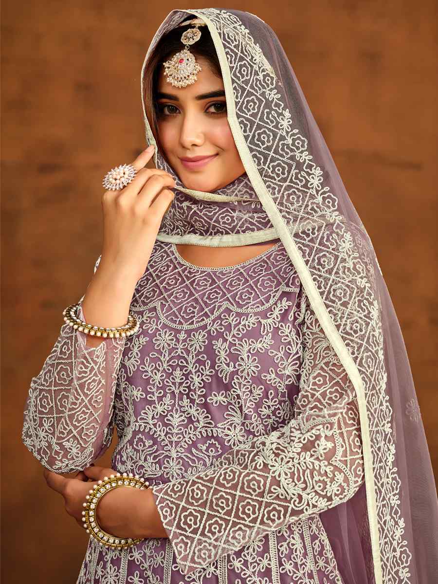 Lavender Net Embroidered Festival Wedding Anarkali Salwar Kameez