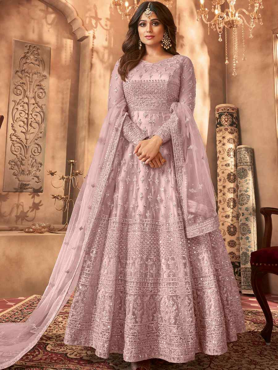 Lavender Net Embroidered Festival Wedding Anarkali Salwar Kameez