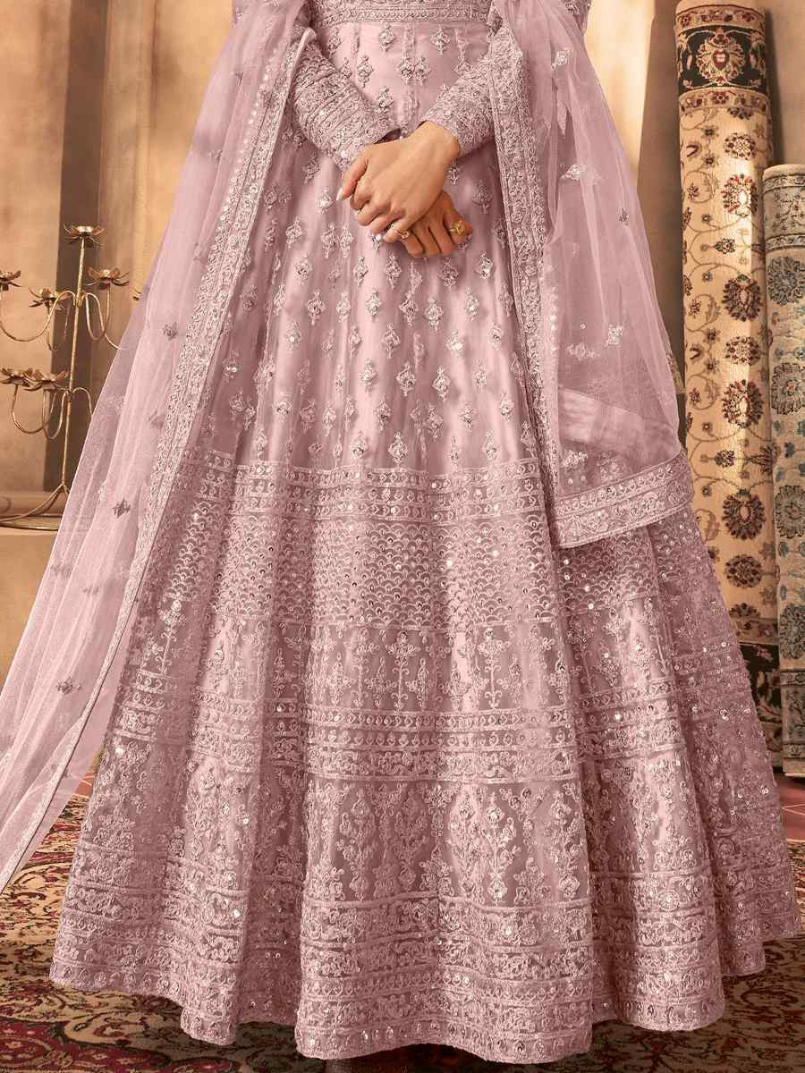 Lavender Net Embroidered Festival Wedding Anarkali Salwar Kameez