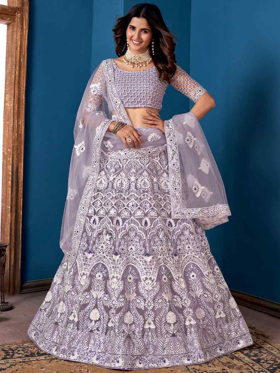 Lavender Net Embroidered Festival Wedding Circular Lehenga Choli