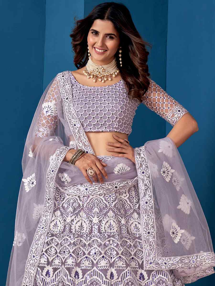 Lavender Net Embroidered Festival Wedding Circular Lehenga Choli