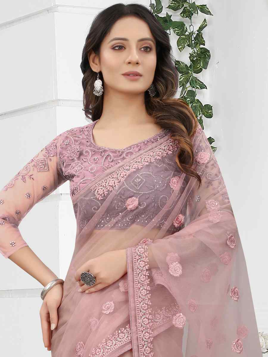 Lavender Net Embroidered Party Festival Classic Style Saree