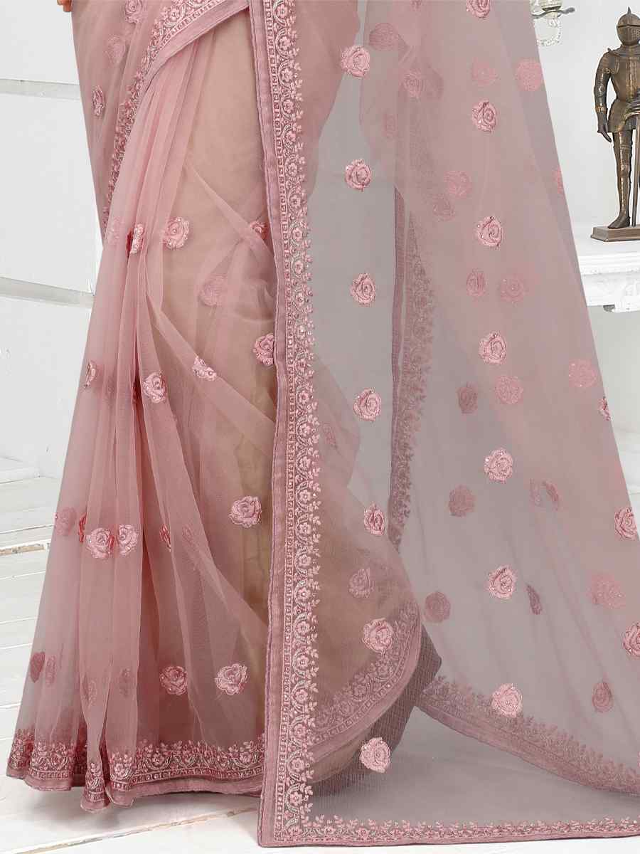 Lavender Net Embroidered Party Festival Classic Style Saree