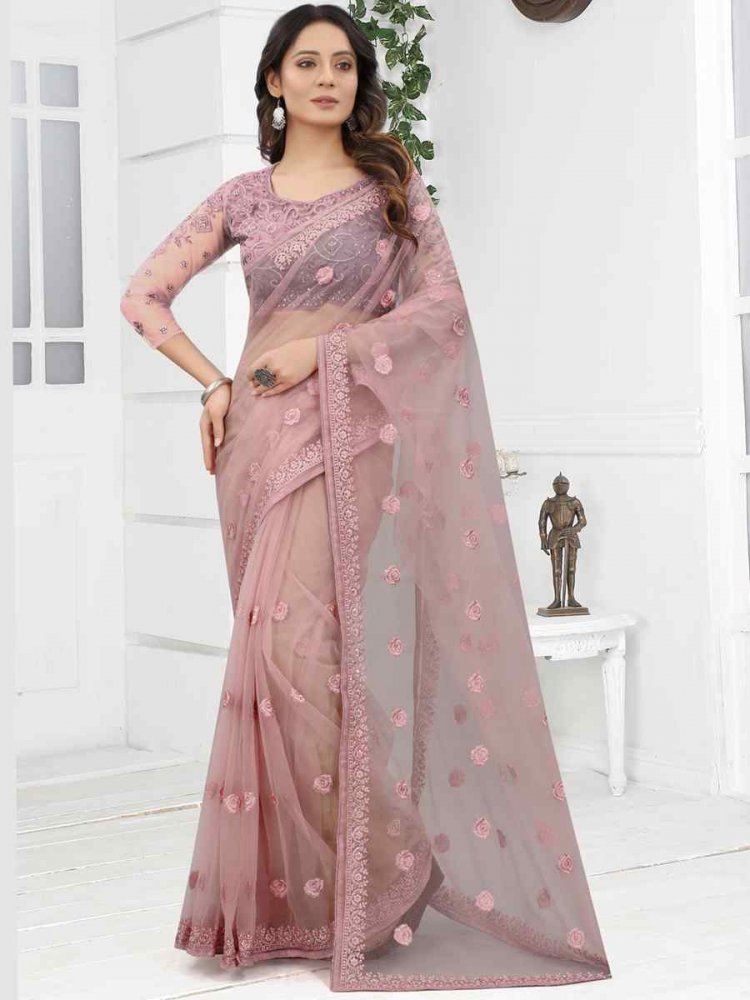 Lavender Net Embroidered Party Festival Classic Style Saree
