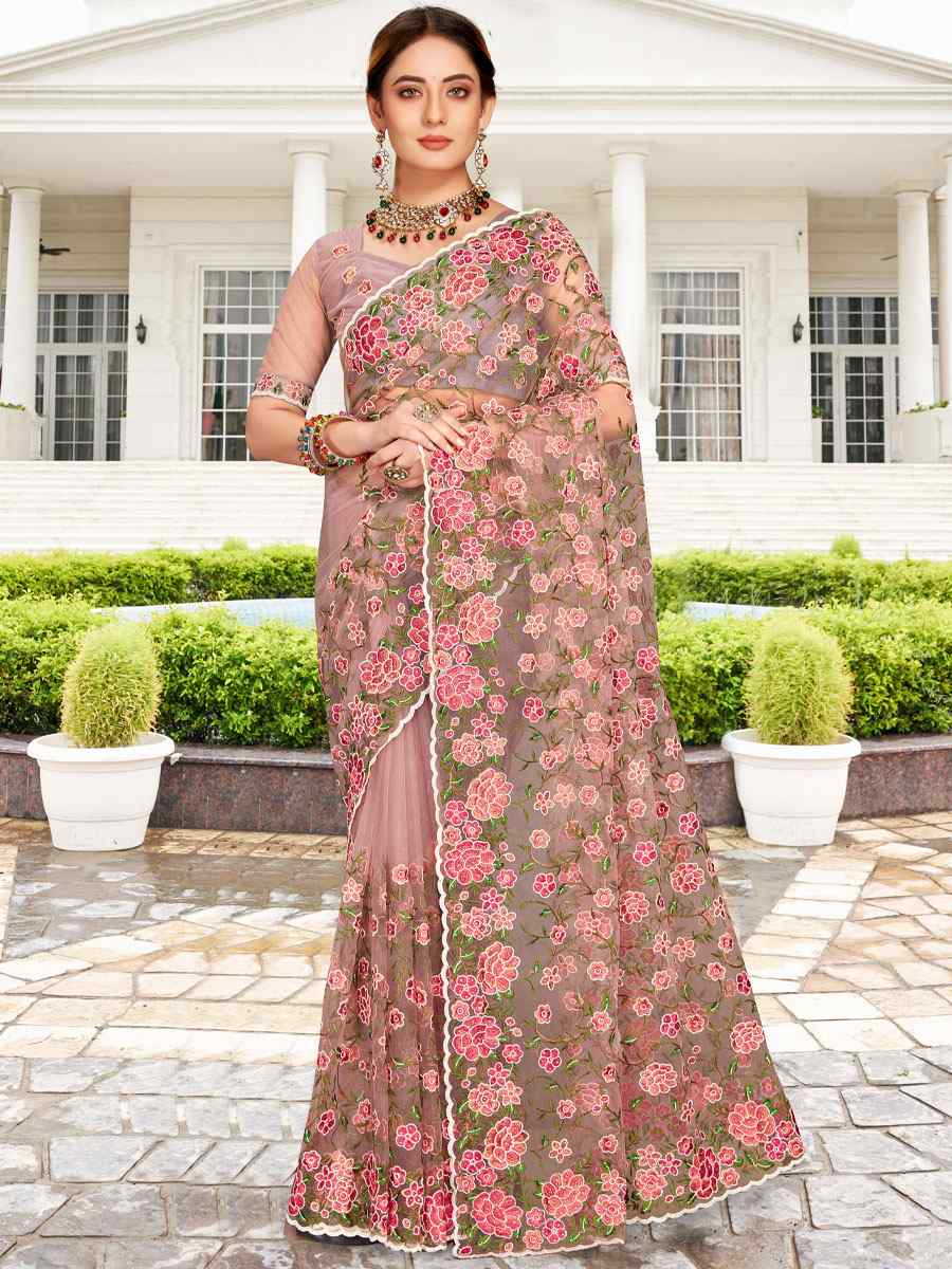 Lavender Net Embroidered Party Festival Heavy Border Saree