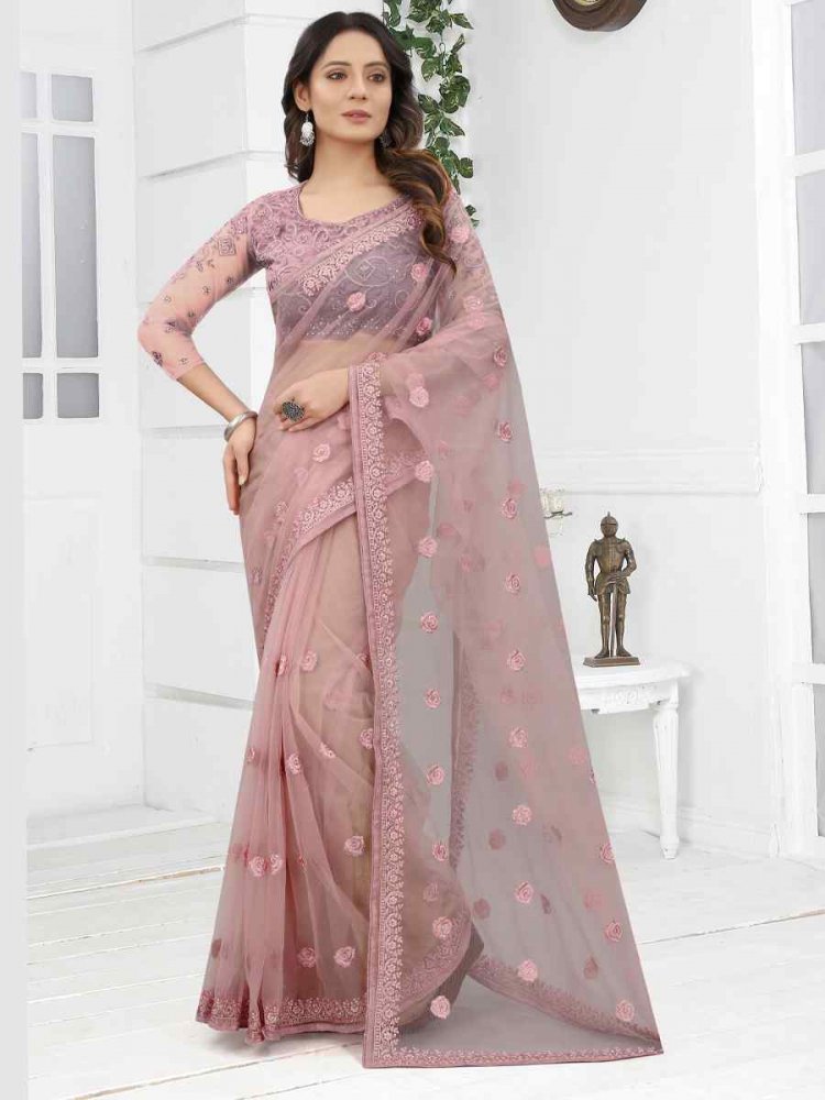 Lavender Net Embroidered Party Reception Contemporary Saree