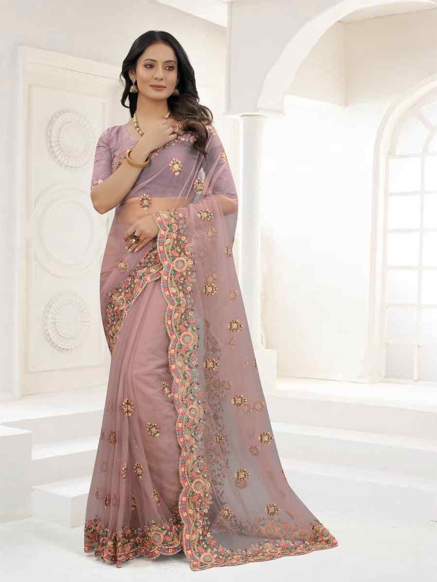Lavender Net Embroidered Party Wedding Heavy Border Saree