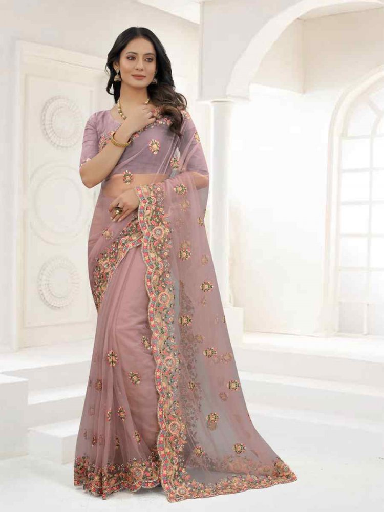 Lavender Net Embroidered Party Wedding Heavy Border Saree