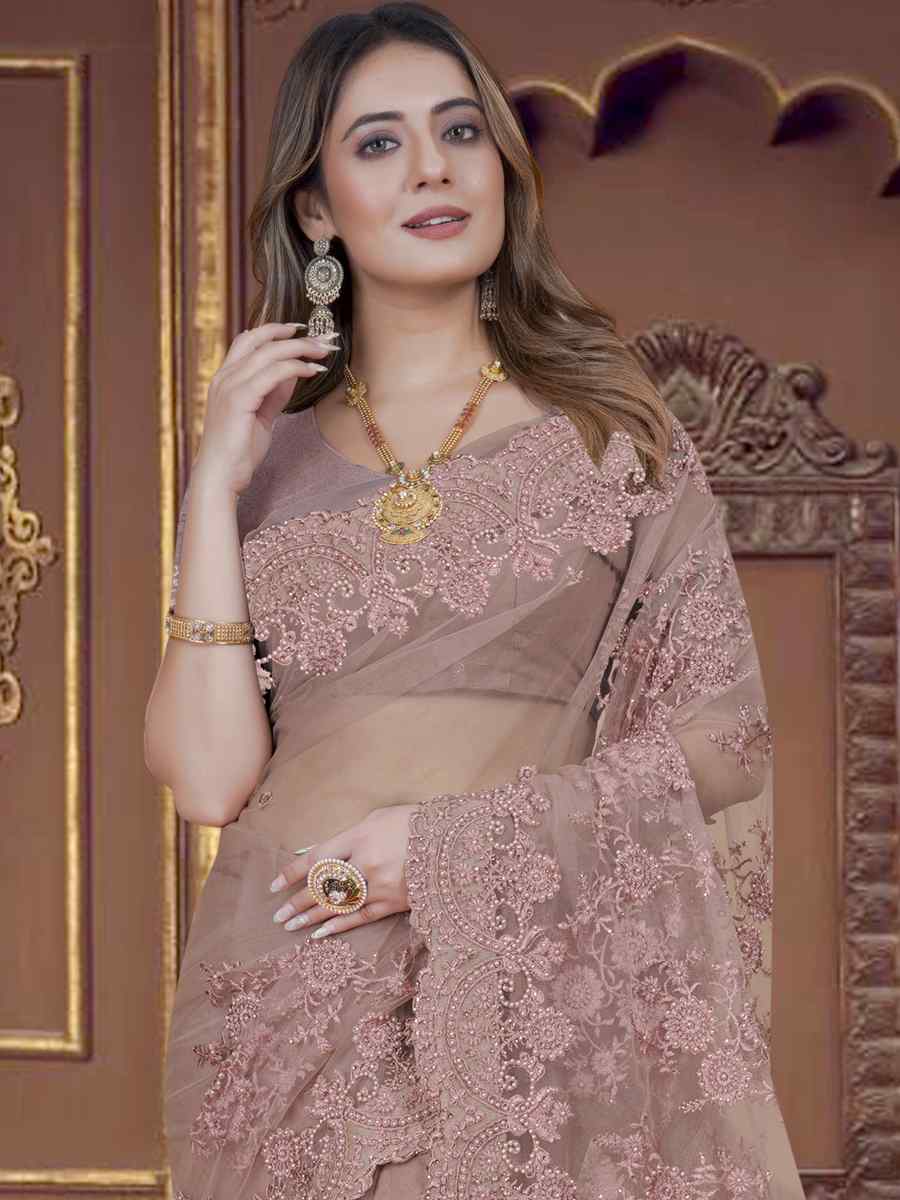 Lavender Net Embroidered Wedding Party Heavy Border Saree