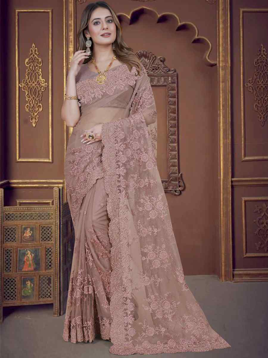 Lavender Net Embroidered Wedding Party Heavy Border Saree