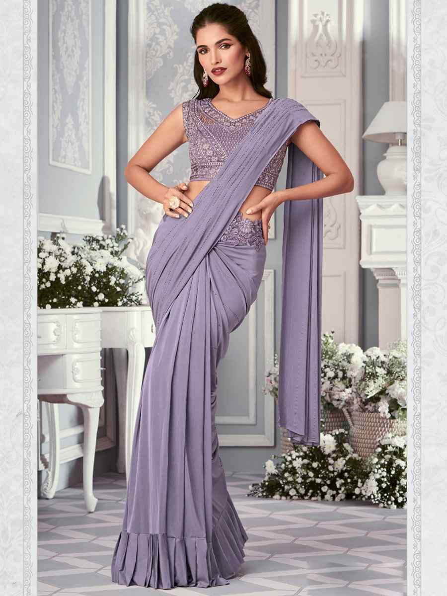 Lavender Net Embroidered Wedding Party Heavy Border Saree