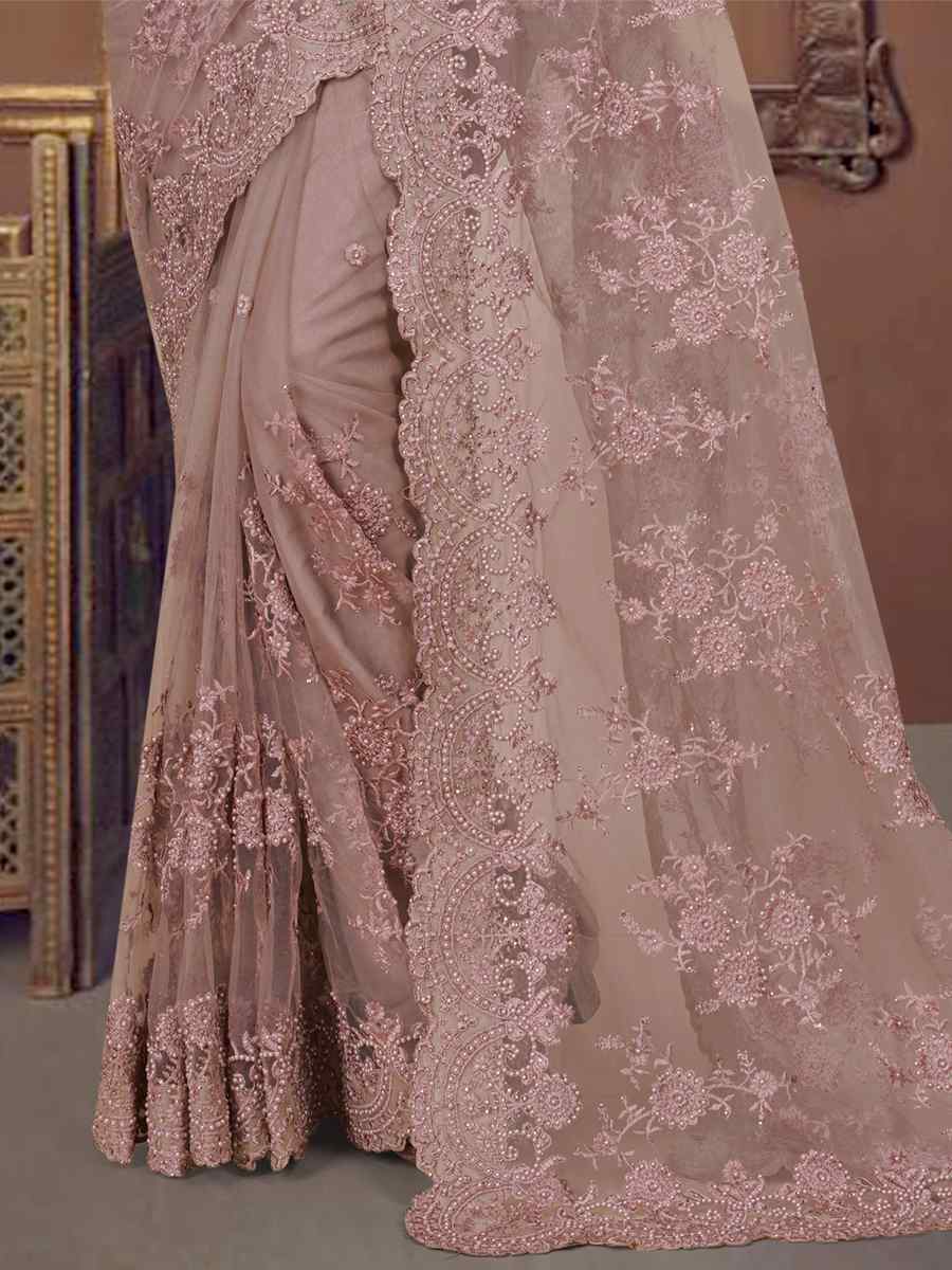 Lavender Net Embroidered Wedding Party Heavy Border Saree