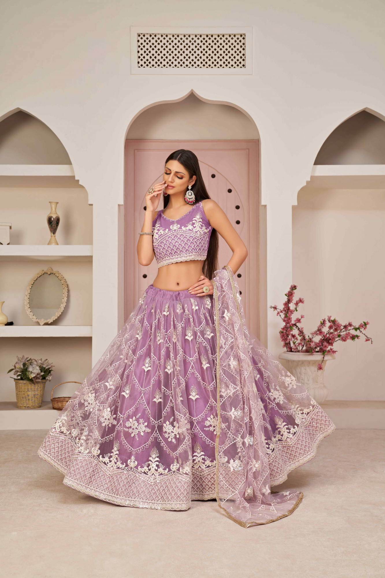 Lavender Net Embroidered Wedding Reception Festival Heavy Border Lehenga Choli