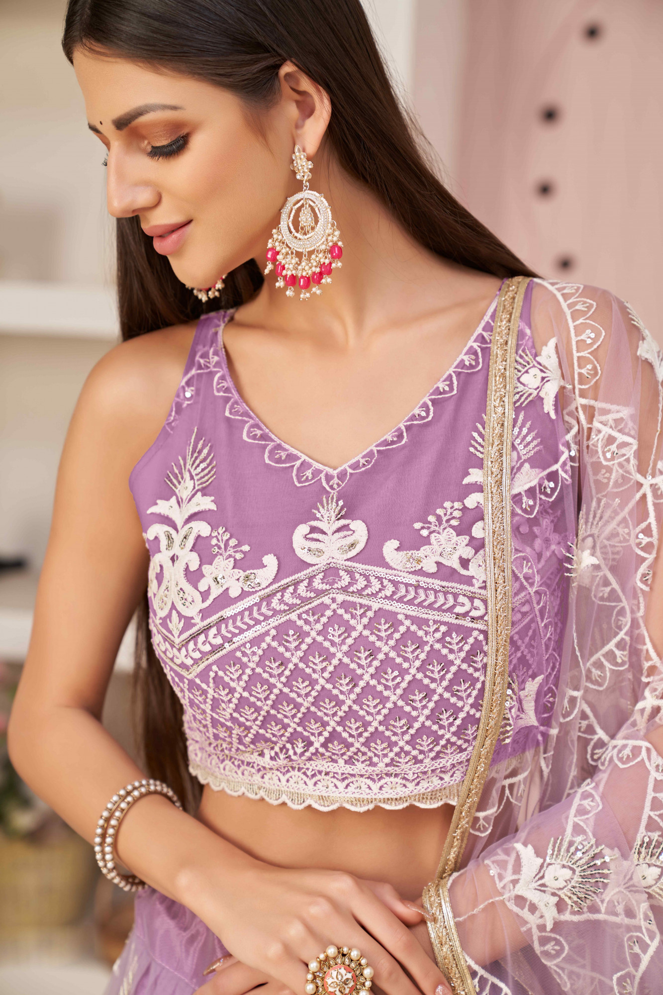 Lavender Net Embroidered Wedding Reception Festival Heavy Border Lehenga Choli