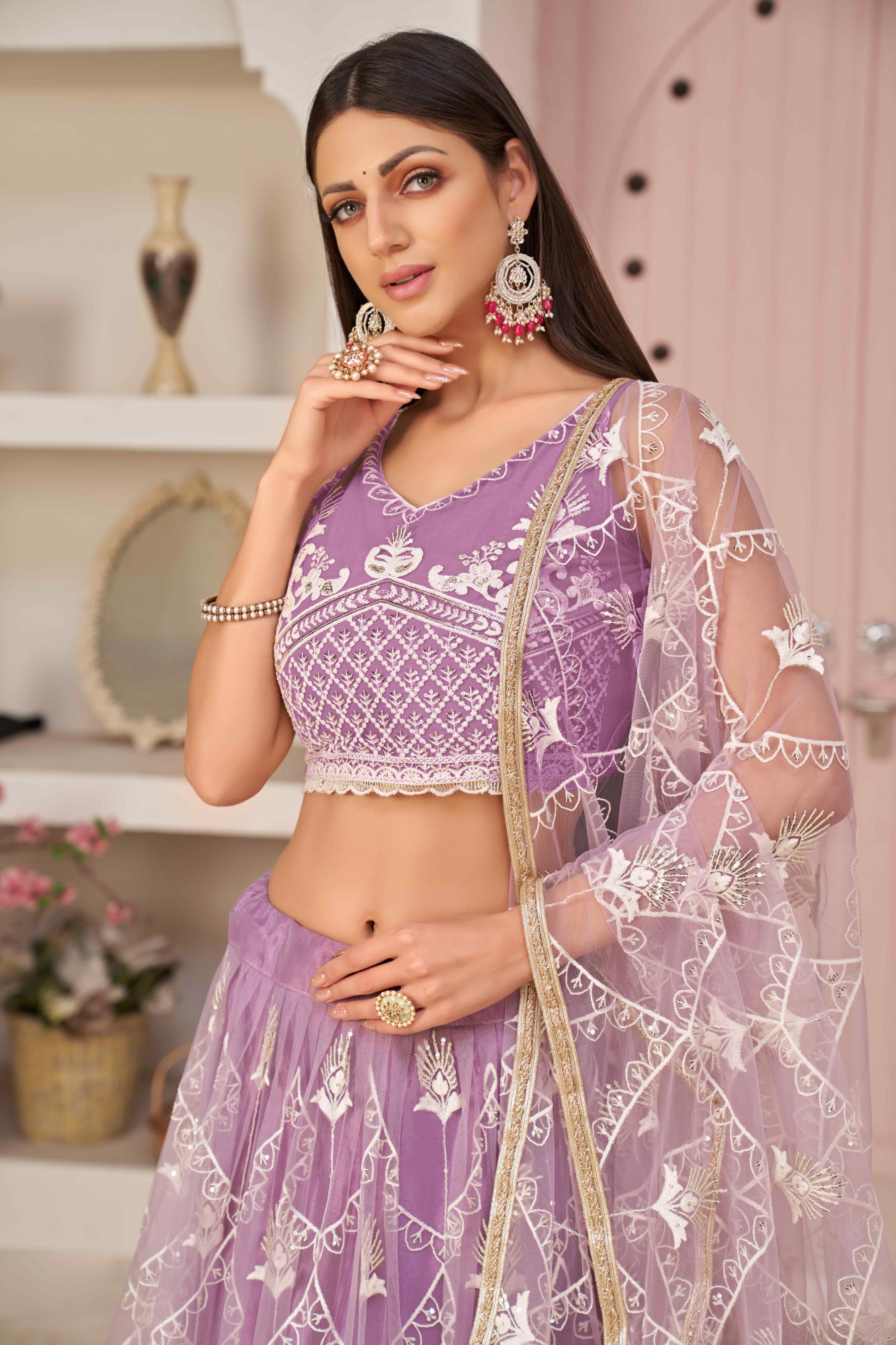 Lavender Net Embroidered Wedding Reception Festival Heavy Border Lehenga Choli
